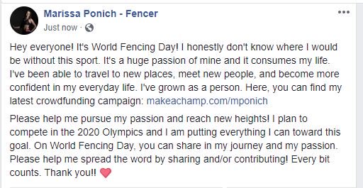 MPonichFencer's tweet photo. On World Fencing Day, join my journey to Tokyo 2020! <3 https://t.co/PRNWFNdIDf #FencingDay #makeachamp #athlete #fencing #crowdfunding #team #joinmyjourney https://t.co/63byW97N4B
