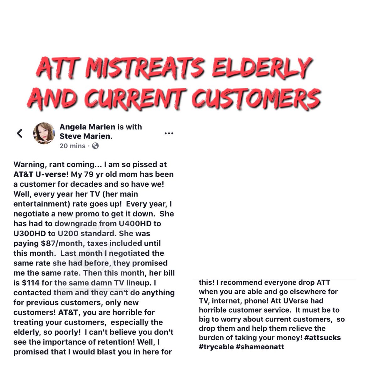 ADMarien's tweet photo. Shame on you @ATT #yousuck #AttdoesNOTcare #QuitATT #QuitUverse @Uverse hates their current customers! #attjusttakingyourmoney #attmoney4nothing https://t.co/x9cLq7dfc6