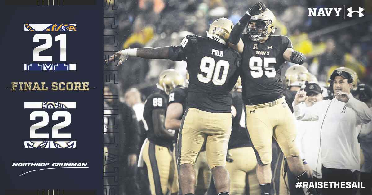 NavyAthletics's tweet photo. #NavyFootball scored 14 unanswered points in the fourth quarter to come from behind and defeat Memphis, 22-21, in both teams' AAC opener.
@northropgrumman https://t.co/1PBMAbqKpF