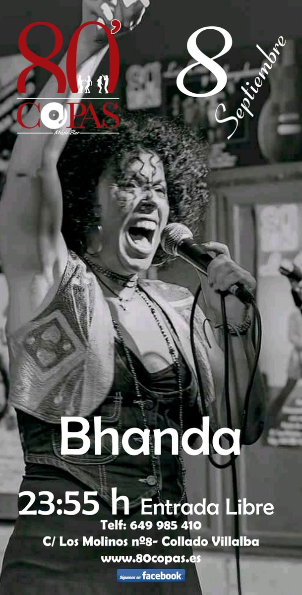 #Concierto en <a href="/80copas/">Sala 80' Copas</a>: Hoy sábado 8 de septiembre, a partir de las 12 de la noche, Bhanda, rock Internacional.
Buena #musicaenvivo con una #Copa.
#EntradaLibre.
#Bhanda #Jota #ColladoVillalba #SalirDeCopas
80copas.es/?e=180908a