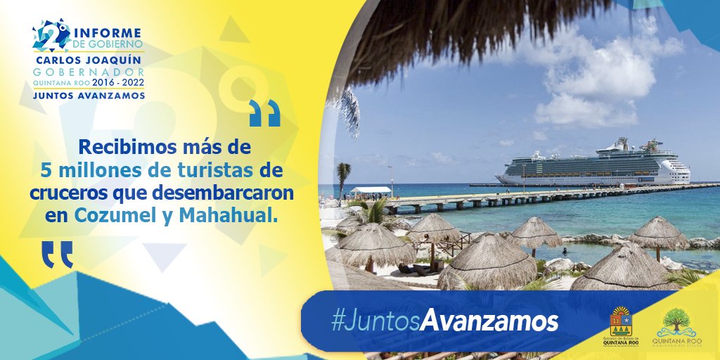 CarlosJoaquin's tweet photo. Por primera vez en la historia el sur del estado logra ocupación hotelera similar a la del norte. En el último año recibimos casi 5 millones de cruceristas. #JuntosAvanzamos #CJ2ndoInforme https://t.co/ruebJEOlzb