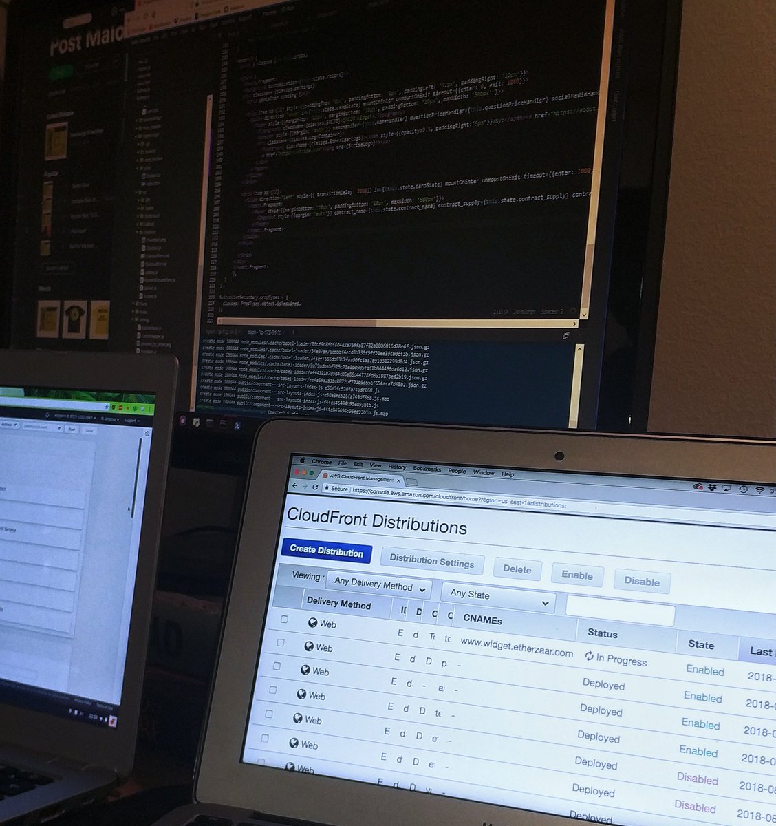 EemilZhang's tweet photo. Just waiting for that CloudFront deployment and we're live with the new widget! #Lambda #Cloud9 #reactjs @EtherZaar @startupschool @awscloud https://t.co/2Z8ExtmhJS