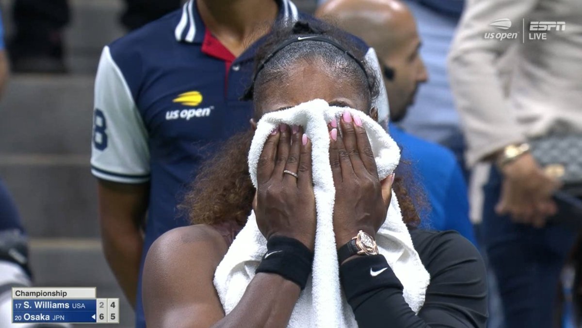 espn's tweet photo. Serena Williams was visibly emotional after multiple confrontations with the official during the US Open final. https://t.co/fOYSCR7F55