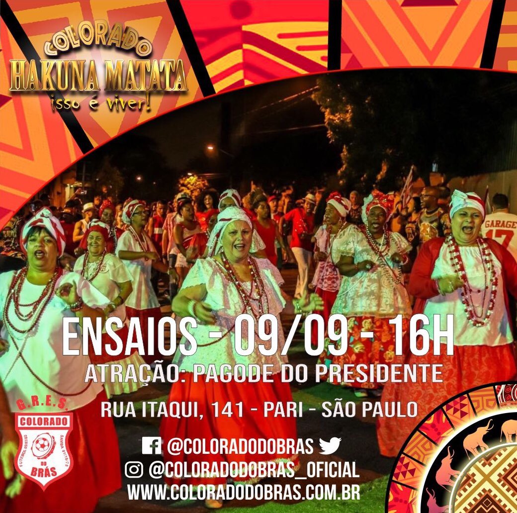 Alô comunidade!!
No retorno do feriadão temos um encontro marcado!
Venha e traga toda família e amigos!

‘‘Chega a hora de esquentar os tamborins 
O repique anuncia assim, Lá vem a nossa bateria’’
#HakunaMatata #ColoradoDoBrás