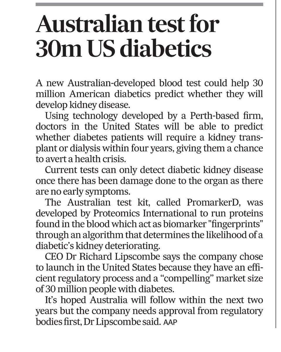 Aussie test helps 30 million USA diabetic patients #AFR #AustralianFinancialReview #PromarkerD #diabetes