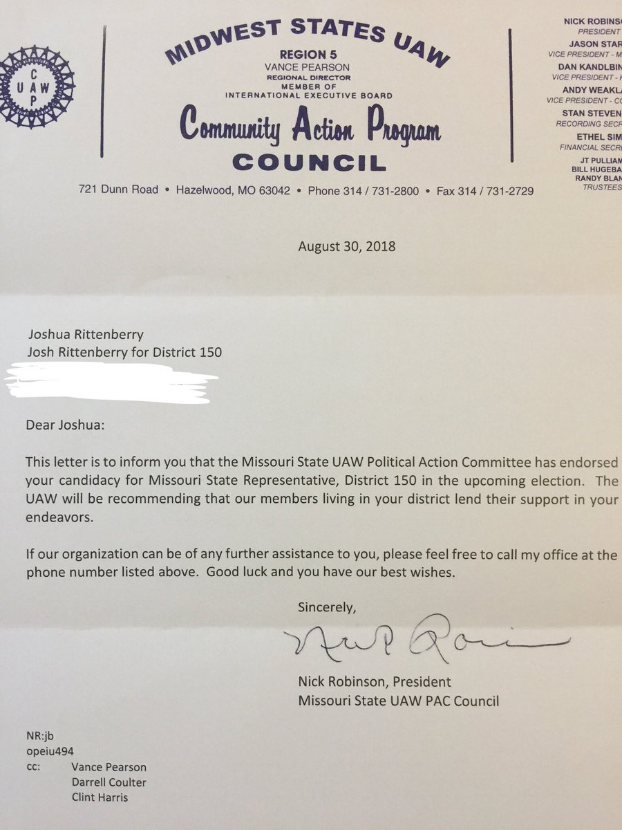 Josh4Dist150's tweet photo. I am honored to have the endorsement of the Midwest States UAW!
#UAW #labor #MOLabor #BlueWave https://t.co/aRFX50F3YP