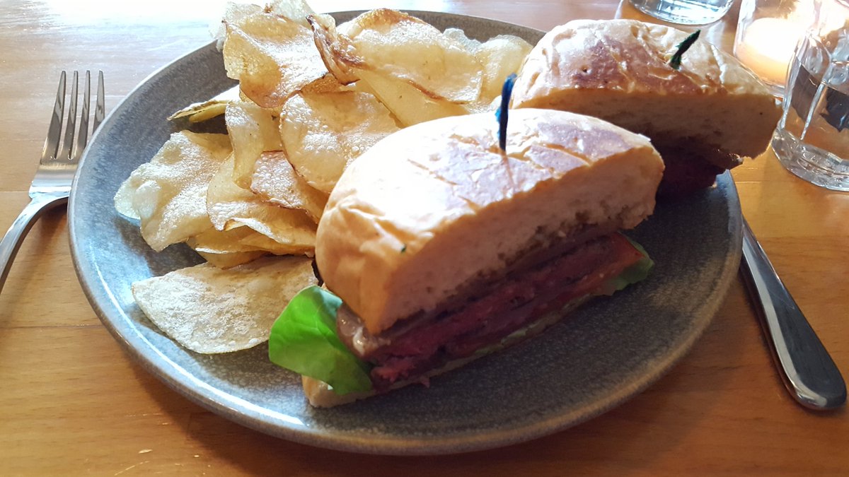 <a href="/scotch1rock/">Hopscotch Oakland</a> #foodie First Base Burger, house ground chuck, griddles beef tongue, sesame aioli, kennebeck chips