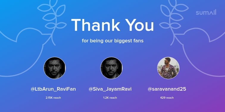 Our biggest fans this week: @LtbArun_RaviFan, @Siva_JayamRavi, @saravanand25. Thank you! via sumall.com/thankyou?utm_s…