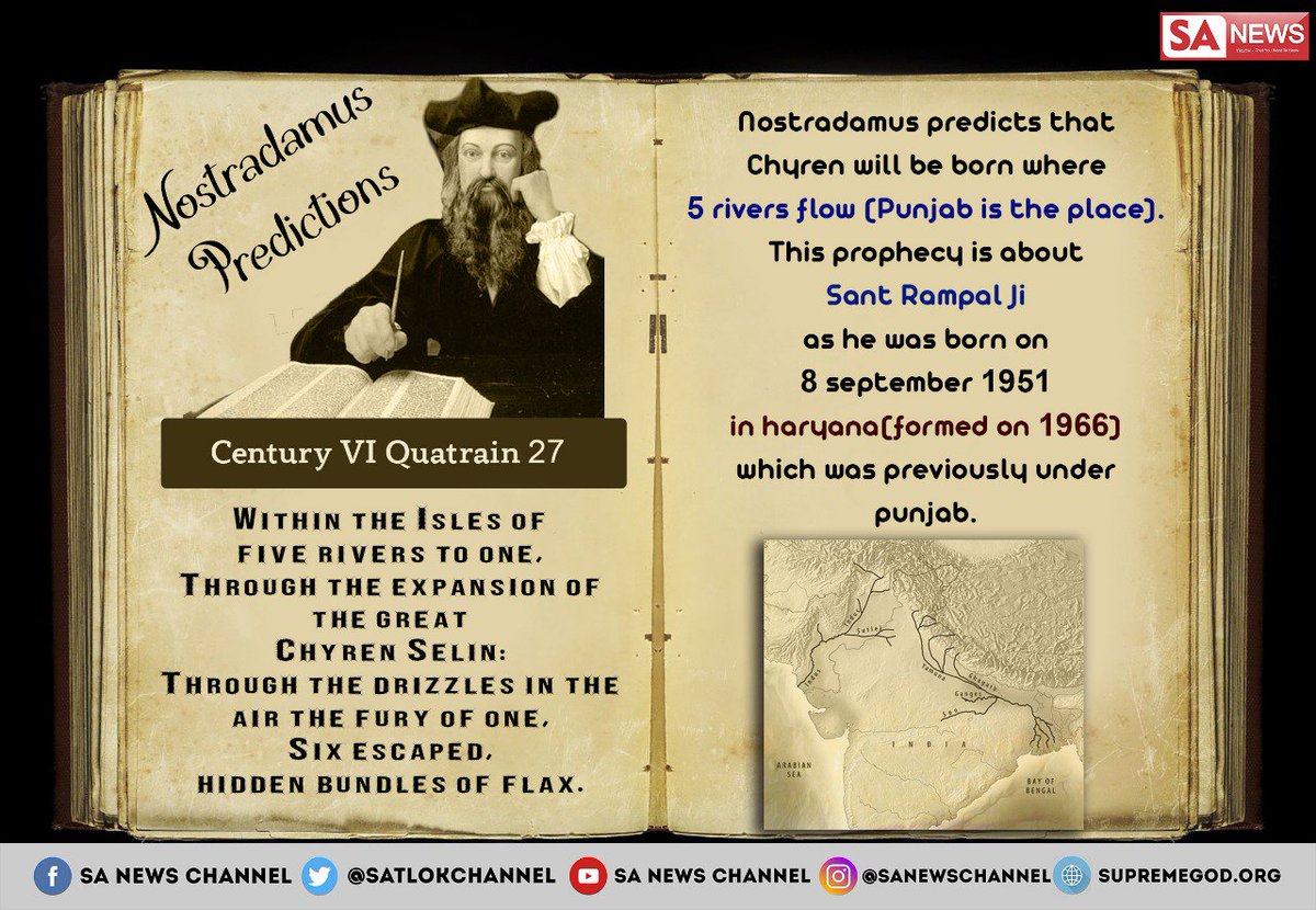 SatlokChannel's tweet photo. #Hari_Aaye_Haryane_Nu
Sant RampalJi was born on 8/9/1951 in village Dhanana, Haryana.
Haryana came into existence in1966. Previously it was under Punjab.  
Nostradamus predicted Chyren will take birth where 5 river flows i.e Punjab.
This prediction fits on #SantRampalJiMaharaj https://t.co/6FbigMJLOl