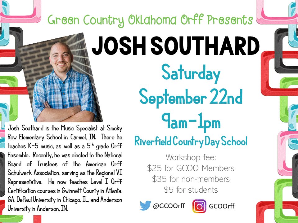 Join <a href="/GCOOrff/">Green Country OK Orff</a> on Saturday September 22nd with Josh Southard! #musiced #gcoo  #greencountry #orff #singsaydanceplay