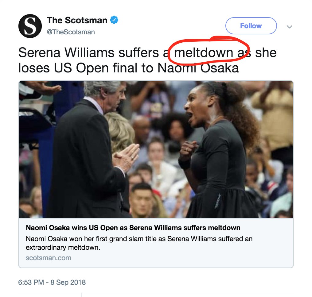 leahmcelrath's tweet photo. Media around the globe are proving @serenawilliams assertion of sexism correct, as they characterize her behavior as a "meltdown":

#USOpen https://t.co/G7BoBhJrIo