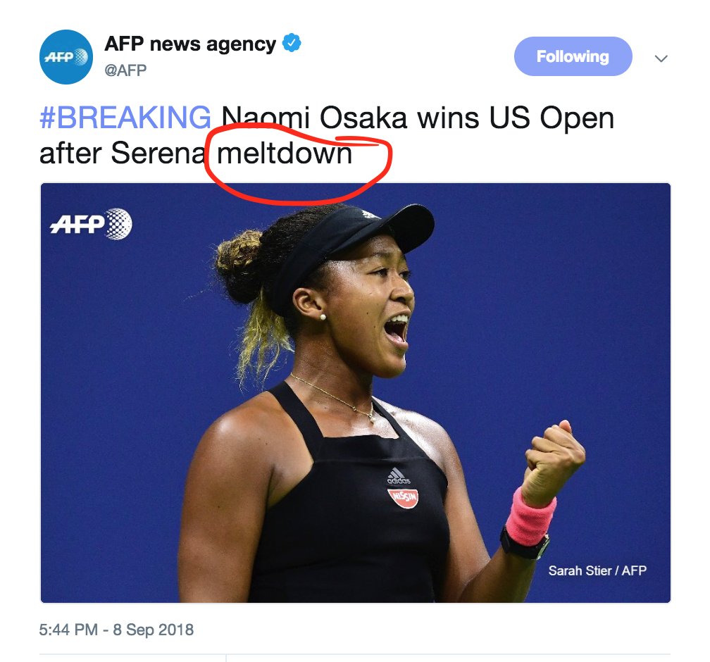 leahmcelrath's tweet photo. Media around the globe are proving @serenawilliams assertion of sexism correct, as they characterize her behavior as a "meltdown":

#USOpen https://t.co/G7BoBhJrIo