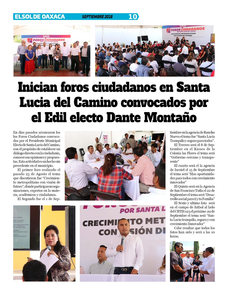 VicManOaxaca's tweet photo. #ElSoldeOaxaca #Numero275 #Mes/Sept. #Pag10
* INICIAN FOROS CIUDADANOS EN SANTA LUCIA DEL CAMINO, CONVOCADOS POR EL EDIL ELECTO @DanteMM2018. https://t.co/mCMHDwx0qr