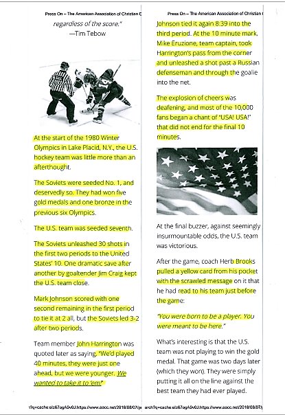 Pic1 = Excerpt from “Press On” (elsewhere, “Strive to Excel”) by Tim Clinton, published online in several places and is also an entry in “Ignite,” a book he co-authored with Max Davis.Pic2 = Excerpt from Bruce Lowitt in the St. Petersburg Times, 1999.