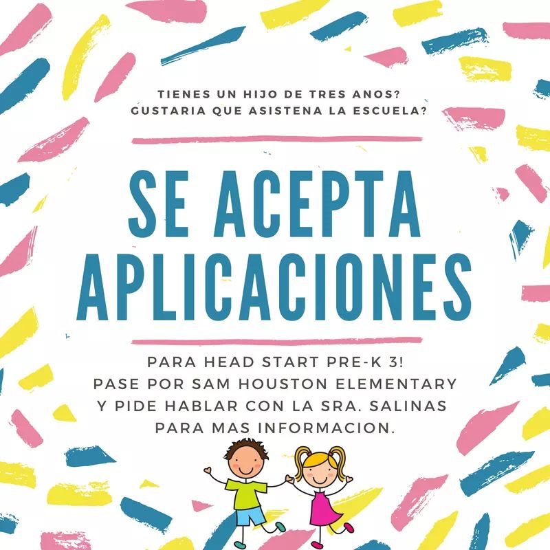 Head Start is accepting applications for PK-3!  Visit Sam Houston and see Ms. Salinas for details. #HCISDproud #ChampsforChildren #SHMightyEagles