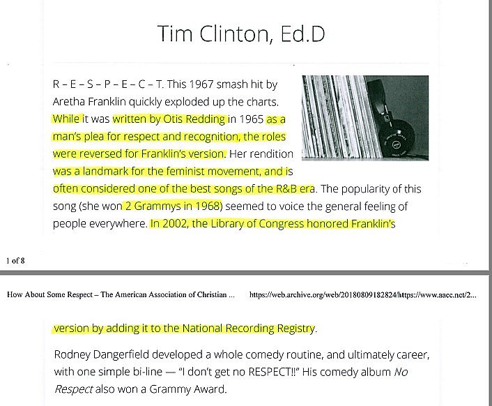 Pic1 = Excerpt from “How About Some Respect” by Tim Clinton, published online in several places.Pic2 = Excerpt from a Wikipedia entry for the song by Aretha Franklin.