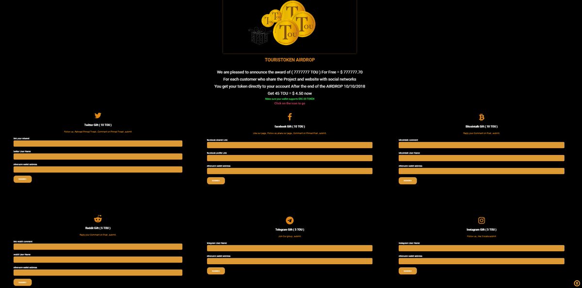 AIRDROP NOW IS LIVE 
END  10/10/2018
45 TOU = $ 4.5
touristoken.com/airdrop
$TOU #TOU #TOURISTOKEN #tourists #tour #tourism #tourist #Airdrop #Airdrops #AirdropProgram #ETH