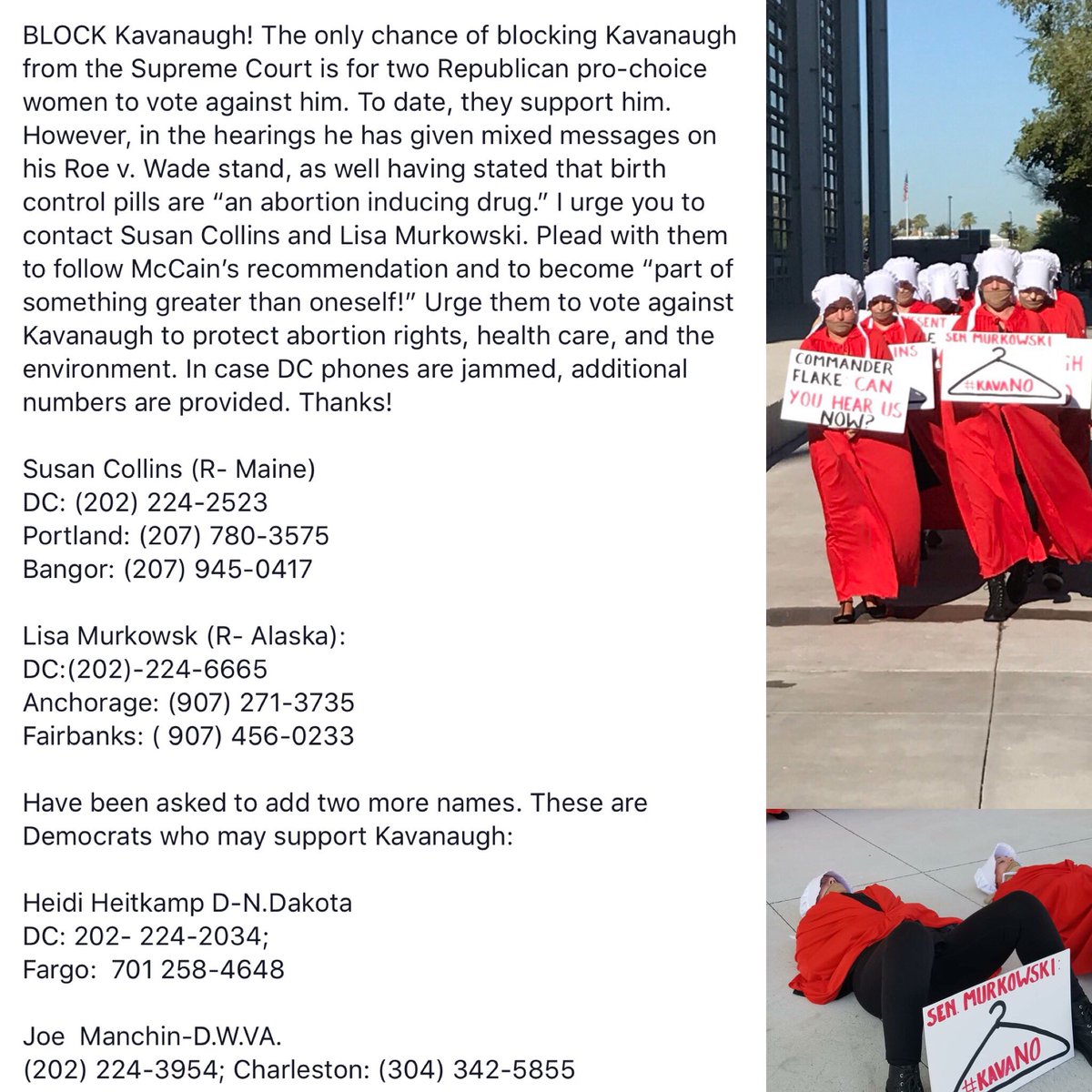 Tfor_2's tweet photo. @chelseahandler Please share this and CALL YOUR SENATORS!!  
#neverKavanaugh #KavaNo #SaveSCOTUS #somuchatstake #VoteNOkavanaugh
@lisamurkowski @SenatorCollins @Sen_JoeManchin @SenatorHeitkamp https://t.co/h73SZzPqlc