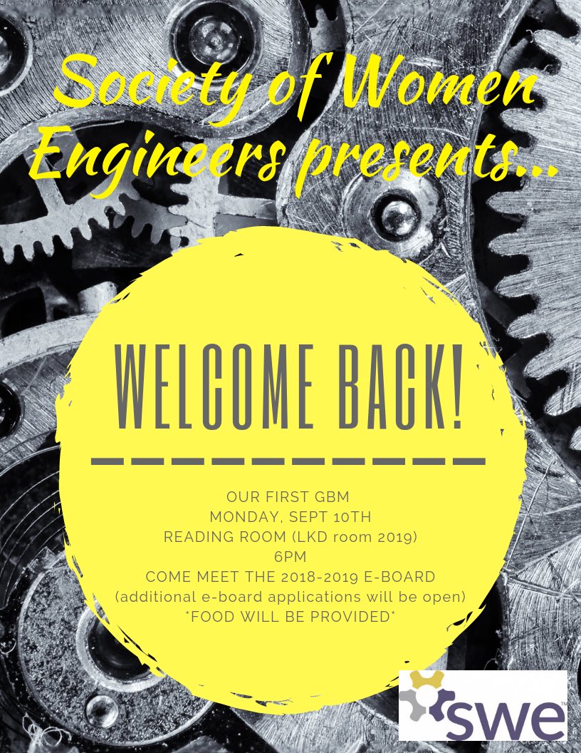 huswe_'s tweet photo. ‼️FINAL DATE CHANGE‼️

🚨Calling ALL majors🚨 Society of Women Engineers (SWE) is having our first general body meeting of the year THIS MONDAY, September 10th.  Come meet the 2018-2019 e-board and some new people!! Food will be provided. See you there 🗣 https://t.co/j3hGVsl6Z6