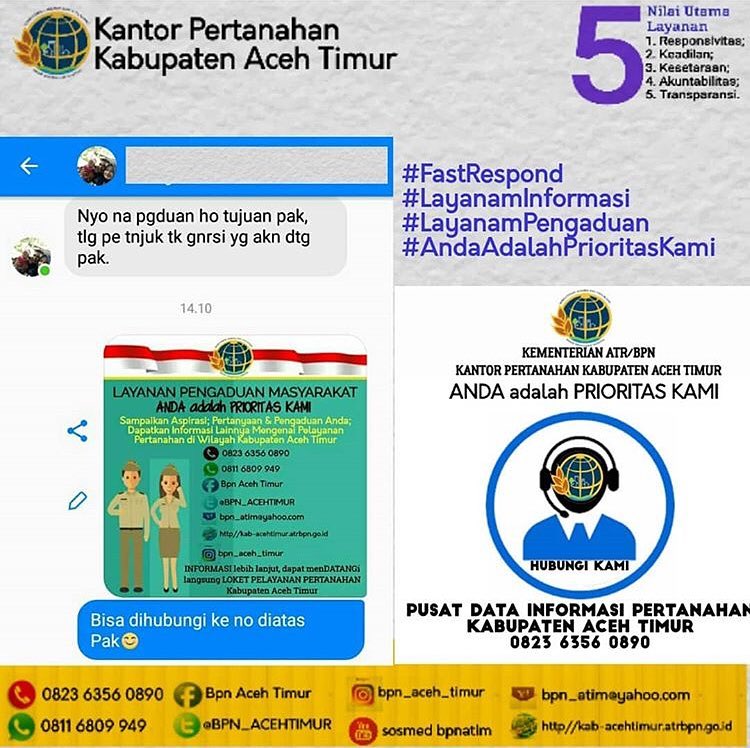 BPN_ACEHTIMUR's tweet photo. LAYANAN INFORMASI dan PENGADUAN MASYARAKAT
#FastRespond .
.
#kantorpertanahankabupatenacehtimur
#KerjaKita
#PrestasiBangsa
#ATRBPNMerajutNegeri
#TanahRuangNKRI
#AtrBpnKiniLebihBaik
#SertipikatTanah
#UntukIndonesia
#SertipikatTanahUntukRakyat
#GovernmentPublicRelation
@atr_bpn https://t.co/WeRgfLyPsT