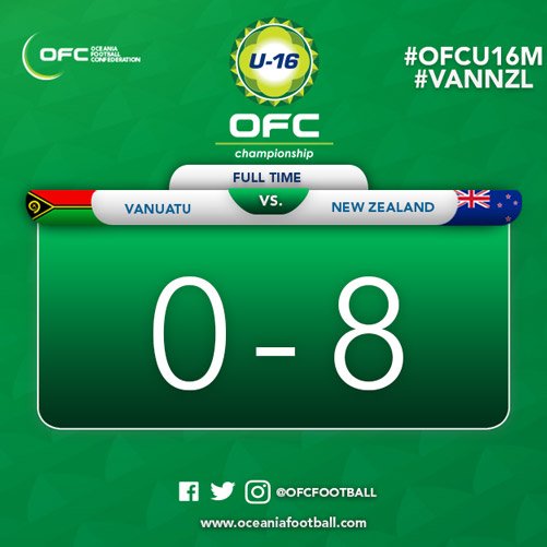 OFCfootball's tweet photo. FT | New Zealand🇳🇿have run out 8-0 winners over Vanuatu🇻🇺in their opening match of the OFC U-16 Championship #OFCU16M #VANNZL 0-8 https://t.co/fwXCZ2GaZh