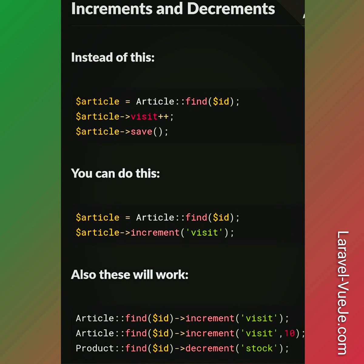 LaravelVueJs's tweet image. Laravel Eloquent Tips and Tricks
#laravel #vuejs #laravelvuejs #Tricks #Tips