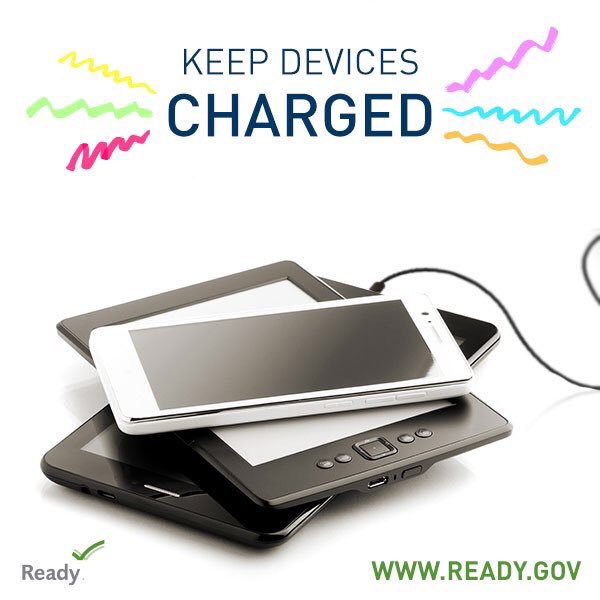 ProvidenceEMA's tweet photo. Day 8 of #NatPrep month. Remember to keep your devices charged prior to a pending storm. Family communications is extremely important before, during, and after an incident. Keep alternate charging sources handy as well. https://t.co/PJP8CE09bR
