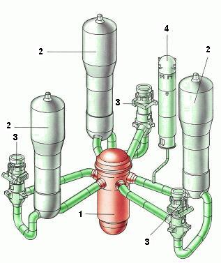 Esta circulación forzada de agua en el circuito primario se produce simultáneamente en los tres lazos, de forma que la vasija (1) tiene tres toberas de salida y tres toberas de entrada.