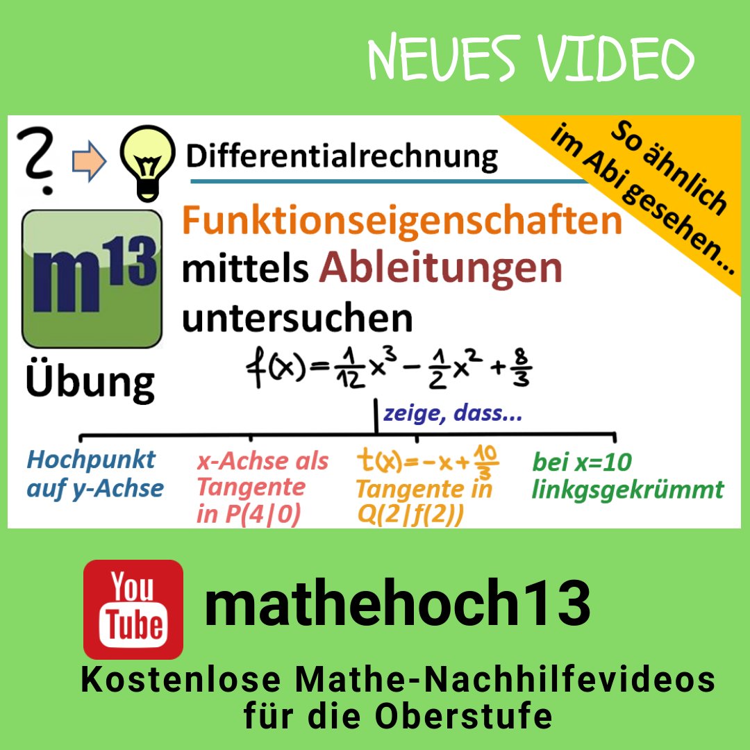 mathehoch13's tweet photo. Heutiges #kostenlos-es #Mathe-#Nachhilfe-Video zur #Abi-Vorbereitung über Untersuchung von Funktionseigenschafen mittels #Ableitung.
https://t.co/R0mhKx9mua
#Extrempunkte #Tangente #Krümmung #Analysis #Mathematik #Nachhilfe #lernen #schule #oberstufe #dortmund #abitur #training https://t.co/dnBYoBeb0V