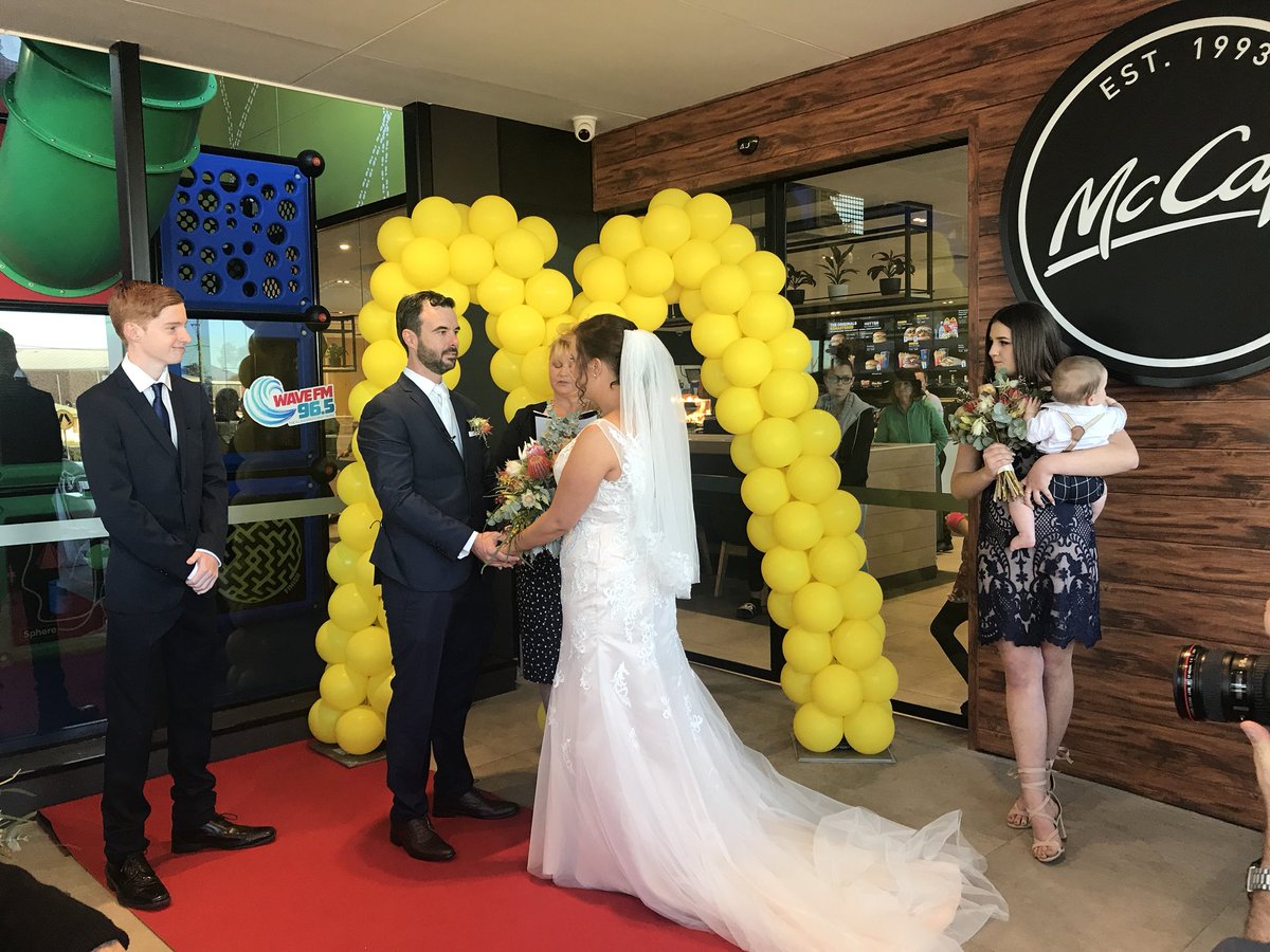 N_Soper9's tweet photo. #Firston9 The first ever Aussie couple has said ‘I do’ under the golden arches. A big congrats to Mr & Mrs King. Their McHappy day on @9NewsAUS tonight. https://t.co/plezDKfHxv