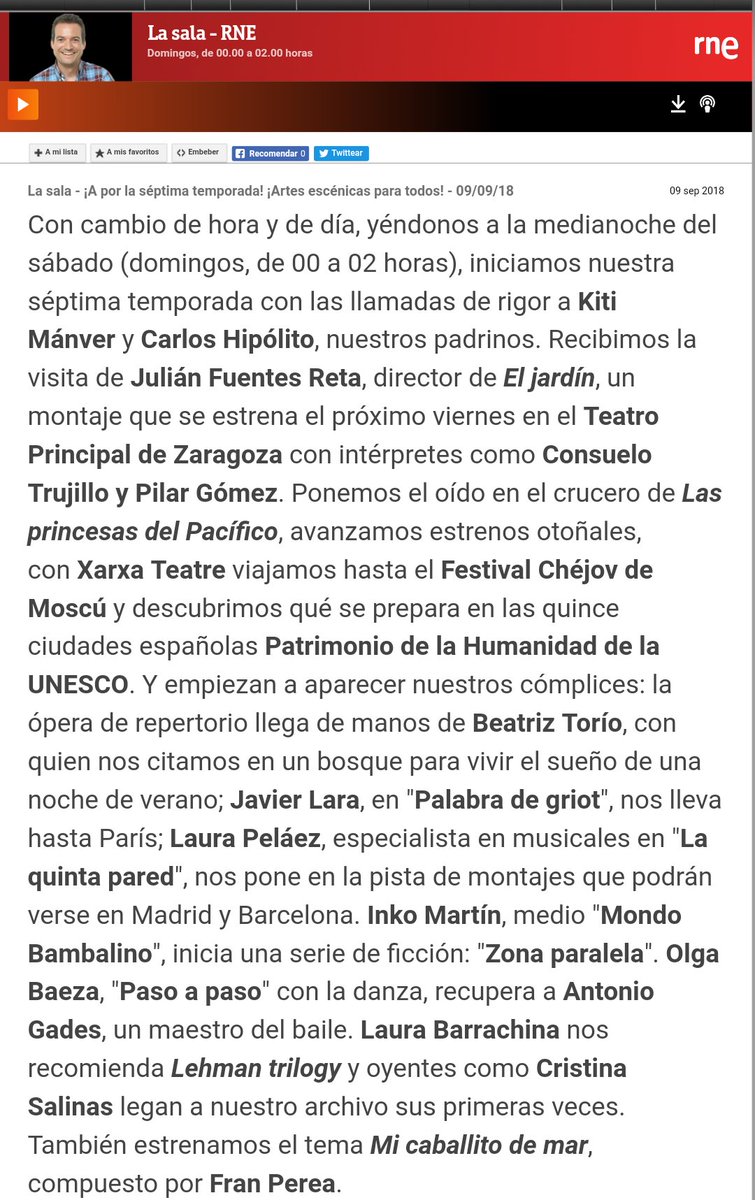 LaSalaRNE's tweet photo. #LaSala de #RNE: #pódcast del programa del 15 de septiembre de 2018, el primero de la temporada 2018/19

https://t.co/zihxcaXRC2

#teatro #danza #ópera #zarzuela #humor #musicales #circo https://t.co/rPwuHyyJ44