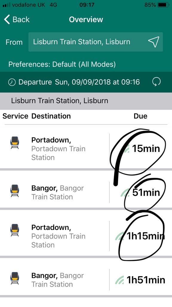 stevorayso's tweet photo. @Translink_NI I see that, but it doesn’t help... I want to see the scheduled departure times for those trains AS WELL as the mins to departure... Thanks. https://t.co/xgSCrKyBfs