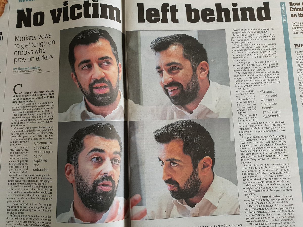 HumzaYousaf's tweet image. Thanks to @Sunday_Post for the interview this week - I have promised to take action against those who look to abuse our elderly. As part of our work against hate crime we will consult on age being an aggravator in new legislation just as race, gender, sexual orientation etc are.