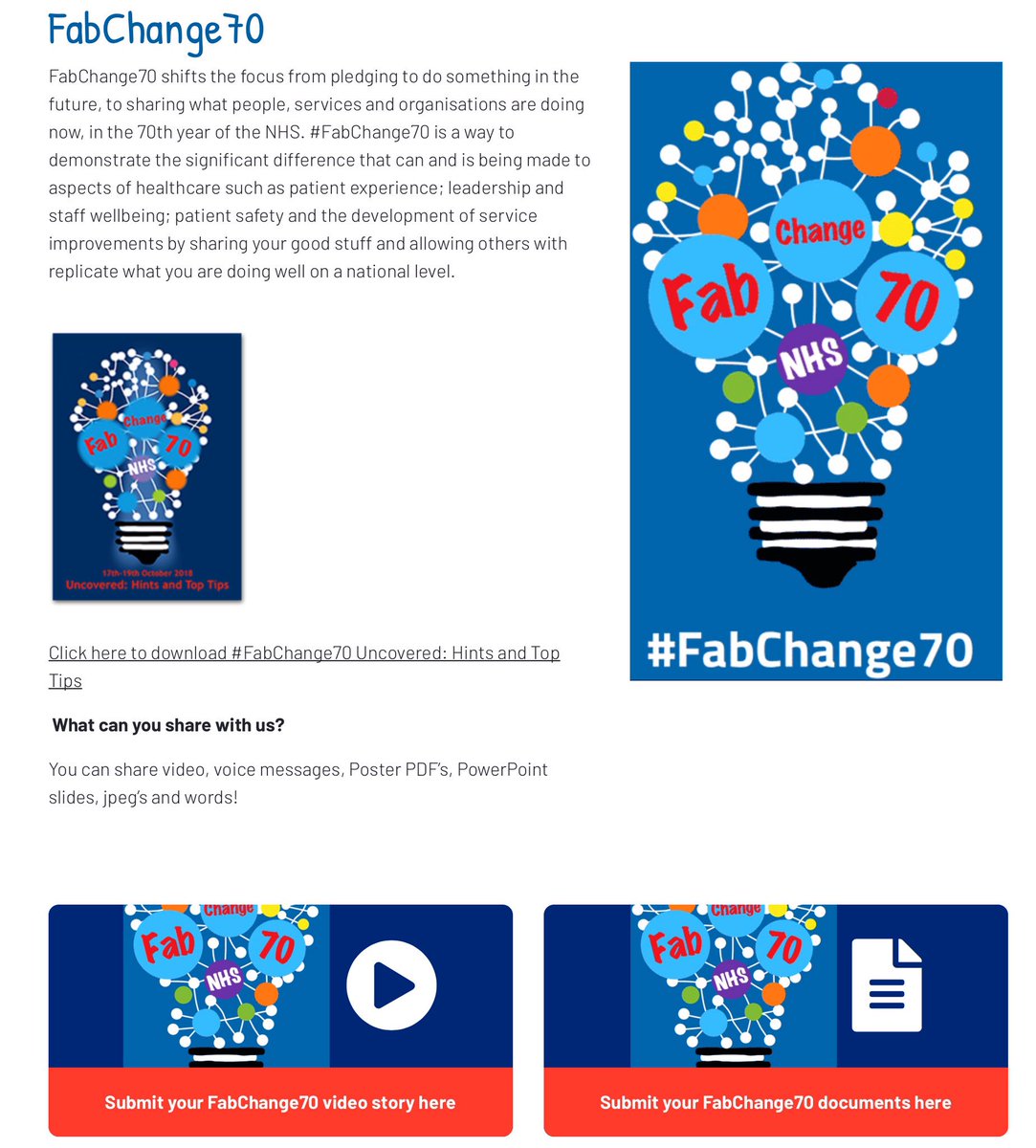 Fabchange2020's tweet photo. Our #NHS needs YOU

Just think how much stronger &amp;more effective we could be if all teams, all Trusts shared exactly what works well! 

Don't wait! Act as though lives depend on it (cos they do!) &amp; share your QI &amp; service improvements today 

#FabChange70

https://t.co/zqgrFLt0ja https://t.co/BwTh3p3KZK