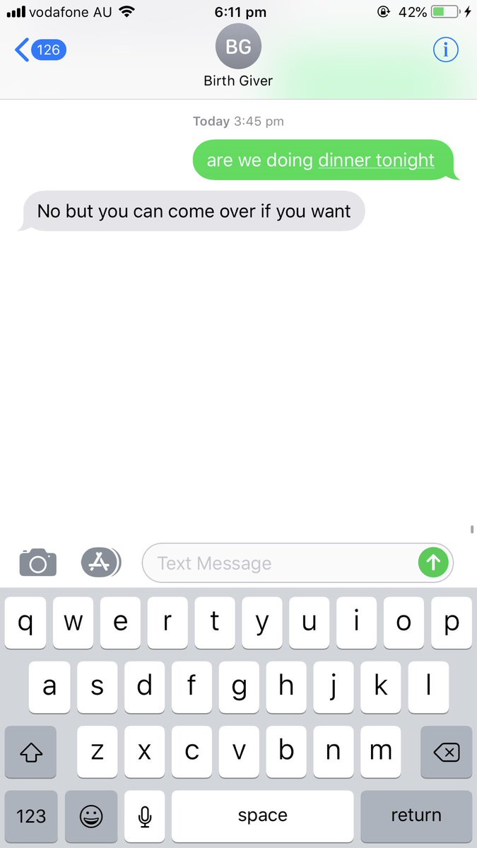 gabvillani's tweet photo. messaged my mum to ask if my cousins were coming over for dinner and this was her response, ok x https://t.co/xx4JQG1ss4