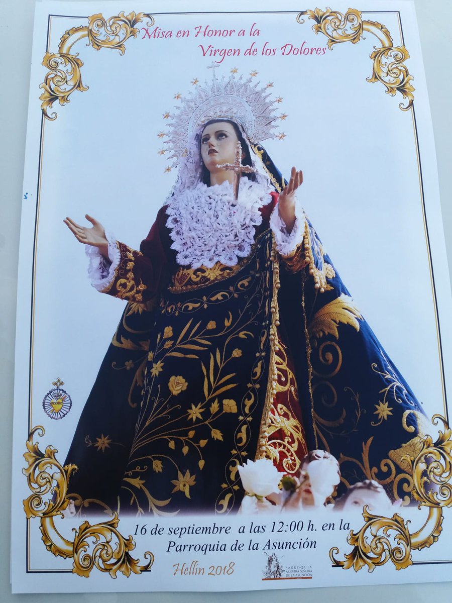 El día 15 de septiembre celebramos los Dolores de María. Nuestra Cofradía lo celebramos el Día 16 de septiembre en la misa de 12 en la Parroquia de Nuestra Señora de la Asunción. 
Apartir de mañana iremos nombrando los 7 Dolores de la Santísima Virgen a modo de oración.