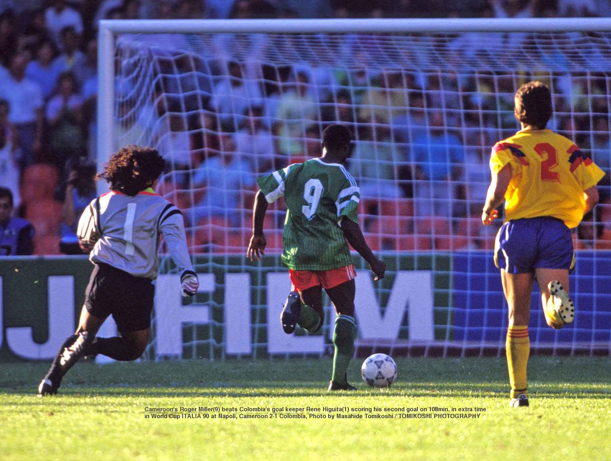 tphoto on Twitter: &quot;Cameroon&#39;s Roger Miller(9) beats Colombia&#39;s goal keeper Rene Higuita(1) scoring his second goal on 108min. in extra time in World Cup ITALIA 90 at Napoli, Cameroon 2-1 Colombia, Photo