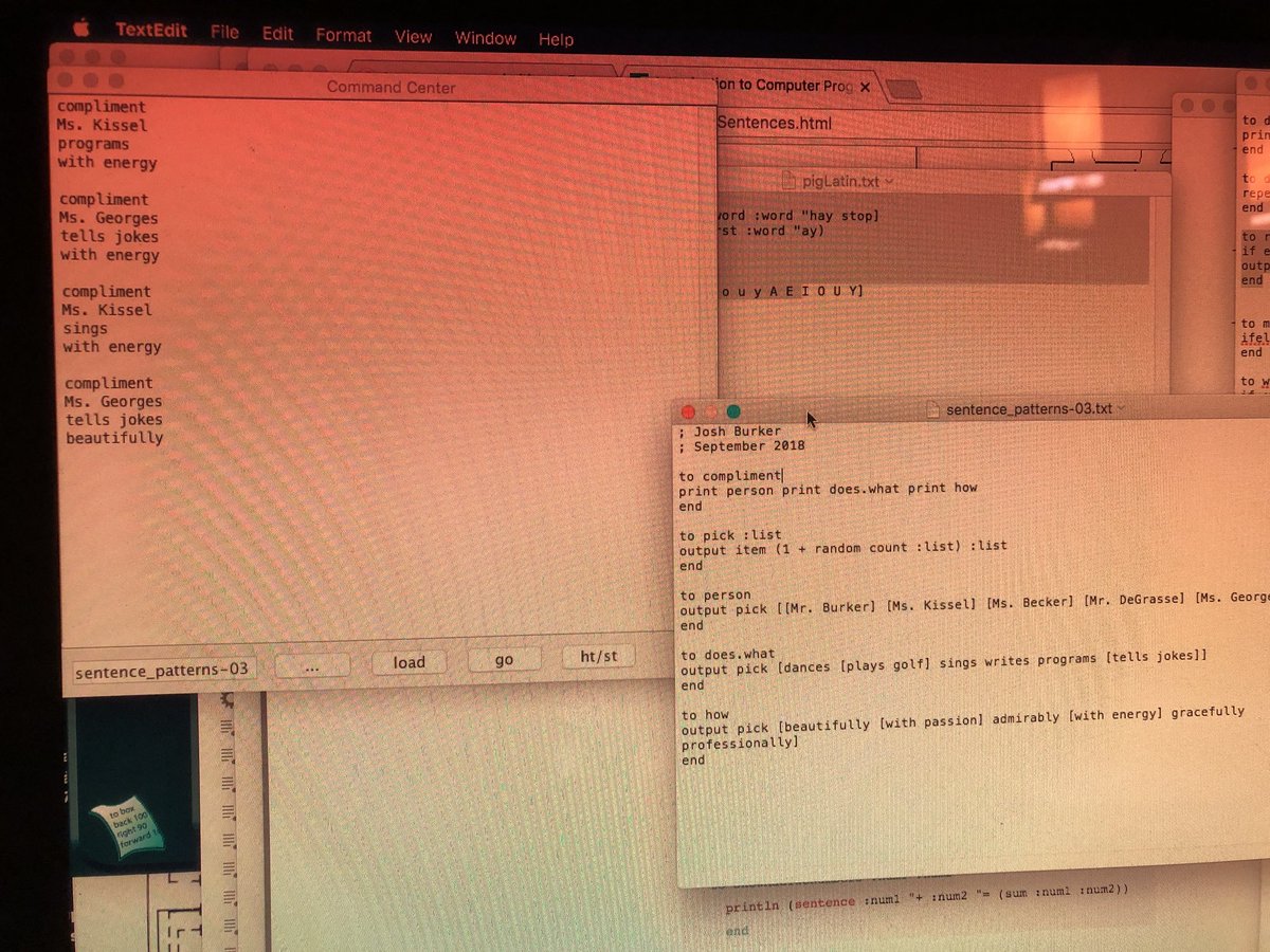 joshburker's tweet photo. #Programming a compliment generator in #TurtleLogo. #grammar #generativeLanguage https://t.co/Ce9ay1w7a7