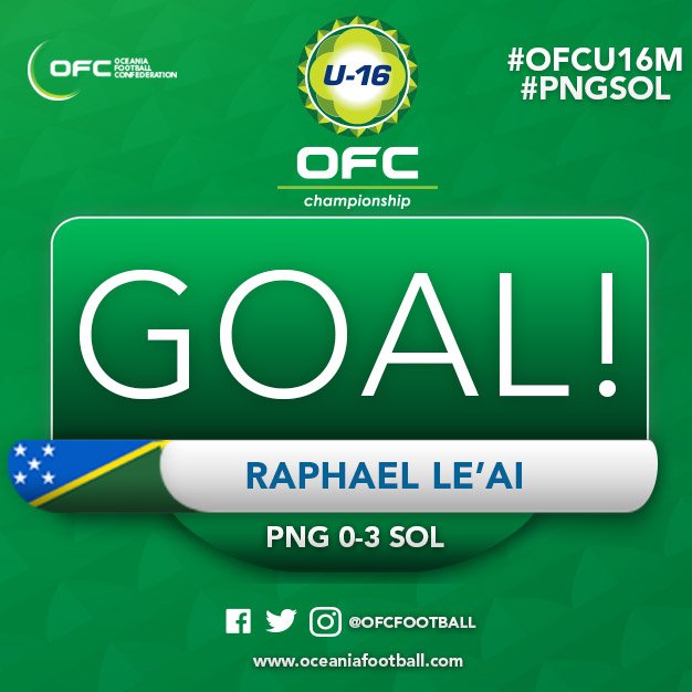 OFCfootball's tweet photo. 40' GOAL!! ⚽ | Absolutely stunning from Raphael LE'AI who dribbles into the box and wrong foots BANIAU before rattling the net for his hat-trick #OFCU16M #PNGSOL 0-3 https://t.co/v1EkgSwiiM