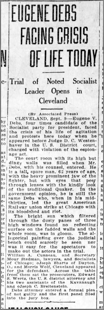 Comrade <a href="/EugeneDebs1918/">Eugene V. Debs</a> will be on trial today. All I can say with complete assurance is his trial is like to be a shame; for the charges themselves are of fanciful hilarity before the eyes if Justice! #DebsTrial #1918LIVE #union #VoteRed #VoteSocialist #Reds