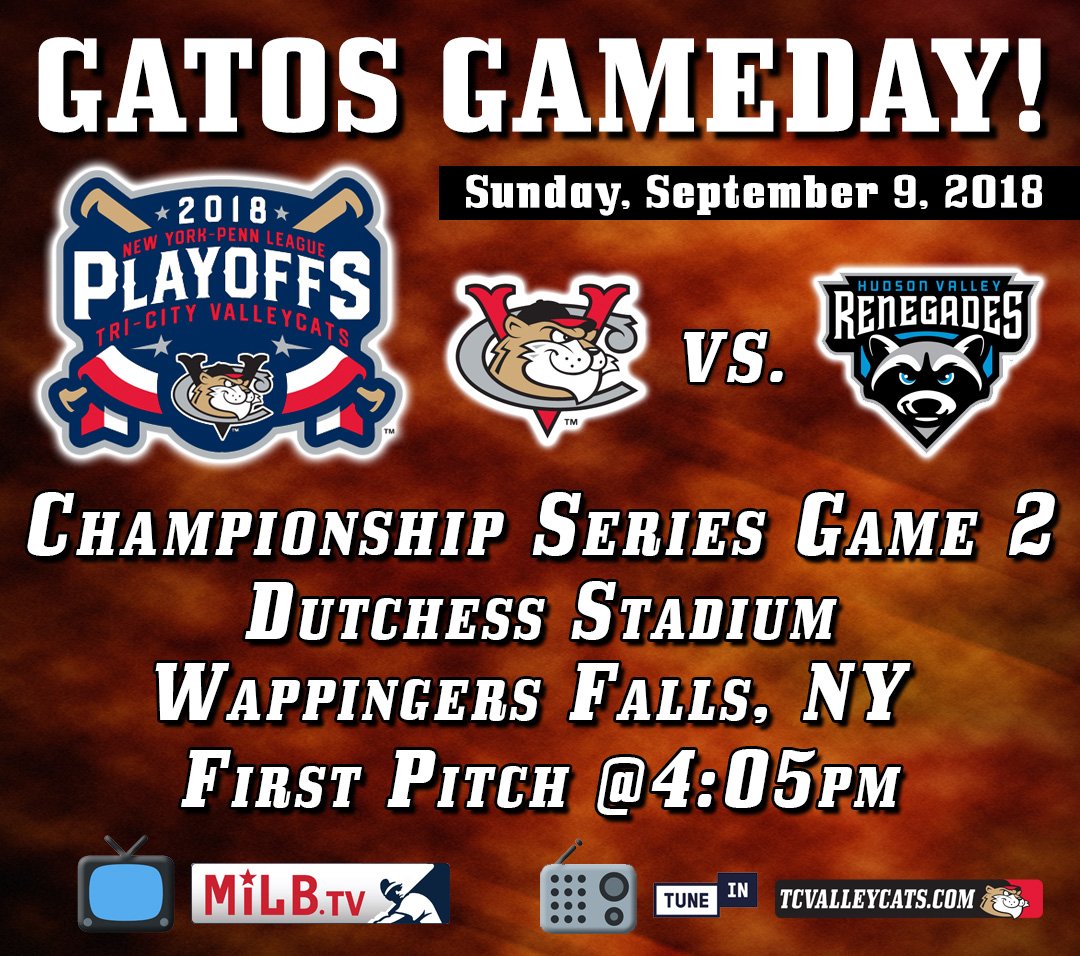 ValleyCats's tweet photo. It's GAMEDAY! The 'Cats are one win away from a NYPL title! Game 2 begins at 4:05pm in Wappingers Falls. If you can't make the trip down I-87, 'Cats broadcaster Steven Cusumano will have the call on https://t.co/Ez4gwEWNCg, or the TuneIn Radio app! #VamosGatos! #UnoMas https://t.co/cXKH8y9Zb1