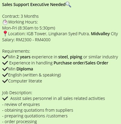 ChloeTan1226's tweet photo. #SalesSupportExecutive in #steel #piping industry Needed🧐
Kindly send your resume at Tan_Sookping@kellyservices.com.my if you fulfill the requirements

@JobsMalaya @haikerja @sebarkerja @JobVacanciesKLG 
@kerjakosongla @infokerjaya @iniKerjaKosong @MauKerjaMY @Oh_KerjaKosong https://t.co/U9cfFFlmAb