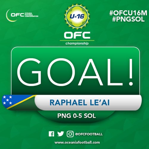 OFCfootball's tweet photo. 90'-2' GOAL!! ⚽ | A great afternoon of football for LE'AI who adds a fourth to his personal tally with a tidy finish from inside the area #OFCU16M #PNGSOL 0-5 https://t.co/LFJ7QbaG0Z