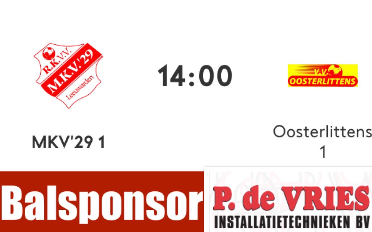 MKV29's tweet image. Vanmiddag om 14.00 de 1e thuiswedstrijd van het seizoen 2018/2019 voor MKV’29 1. Vandaag tegen @vvoosterlittens 1. Balsponsor is onze hoofdsponsor P de Vries Installatie technieken uit Leeuwarden