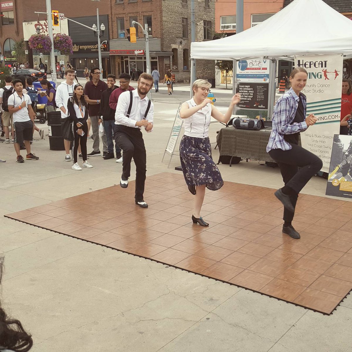 HepcatSwing's tweet photo. Had a great time hanging out and doing a little dancing outside, at #waterloofest in Uptown Waterloo, to welcome UW and WLU students for the fall. On Sat Sept 15 we'll be in the community again, participating in the Belmont Village Bestival at 7:30-8:30pm! #kw #swingdancing https://t.co/YERuNMg7oj