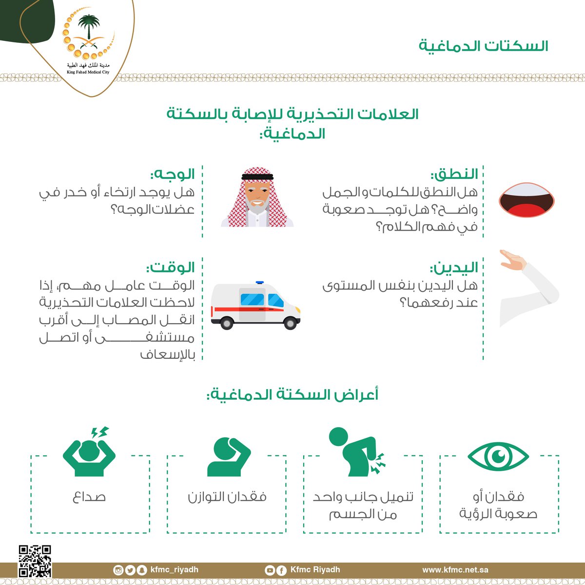 KFMC_RIYADH's tweet photo. العلامات التحذيرية للإصابة بالسكتة الدماغية
#لصحتك
 #مدينة_الملك_فهد_الطبية https://t.co/GOYHgynJh9