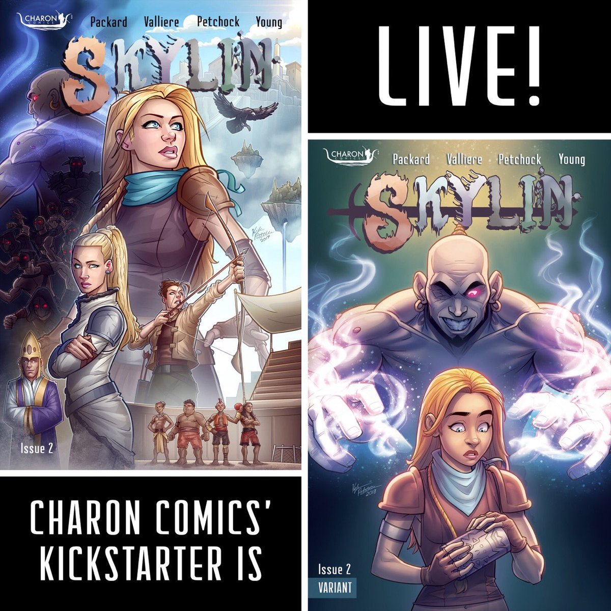 kyleP_Art's tweet photo. Here’s the original Skylin 2 cover thumbnail sketch, finished inks, and full colored version 😁 Charon Comics’ Kickstarter is going strong, so if you’d like to help back this project click the link above in my bio. Thanks for your support everyone! ☺️🙏 #skylin #charoncomics https://t.co/BAc2brommh