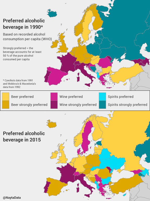 elOrdenMundial's tweet photo. En poco más de 15 años Europa se ha convertido en un continente de cerveceros. Estos son los cambios que han sufrido las preferencias nacionales. Vía @simongerman600 https://t.co/A5uD9DXIsc