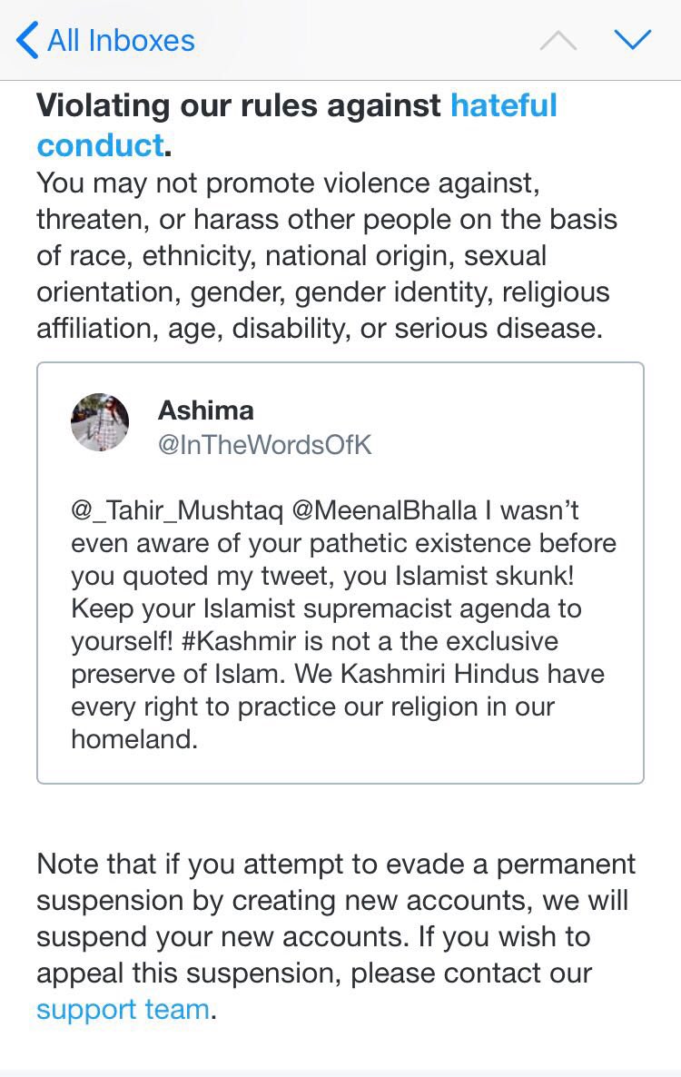 Have learnt tht @Twitter @TwitterIndia has suspended the account of @InTheWordsOfK Ashima Kaul. Her fault is that she dared to reply an Islamist who was threatning, calling her names & abusing our religious practices. Can Twitter pls check the screenshots & #BringBackAshimaKaul?