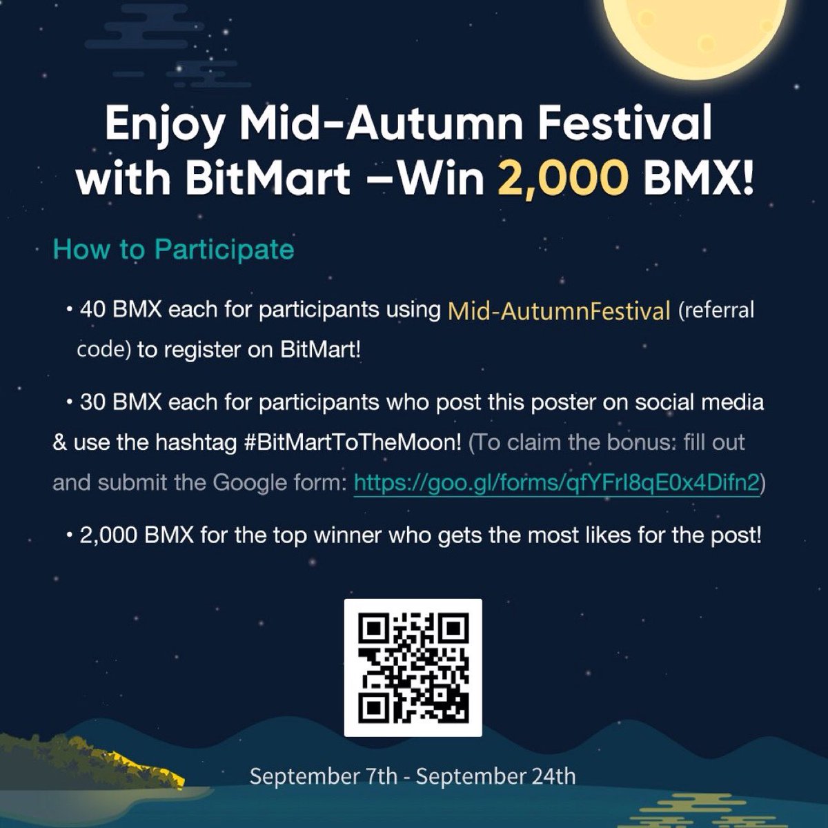 BitMart is hosting a registration bonus &amp; social media campaign! 
New register will get 40 BMX. 
Post this poster will get an extra 30 BMX! 
Please like this post and help me win 2,000 BMX!
#BitMartToTheMoon

Register:  bitmart.com/?r=D004a2 

Form:  docs.google.com/forms/d/e/1FAI…